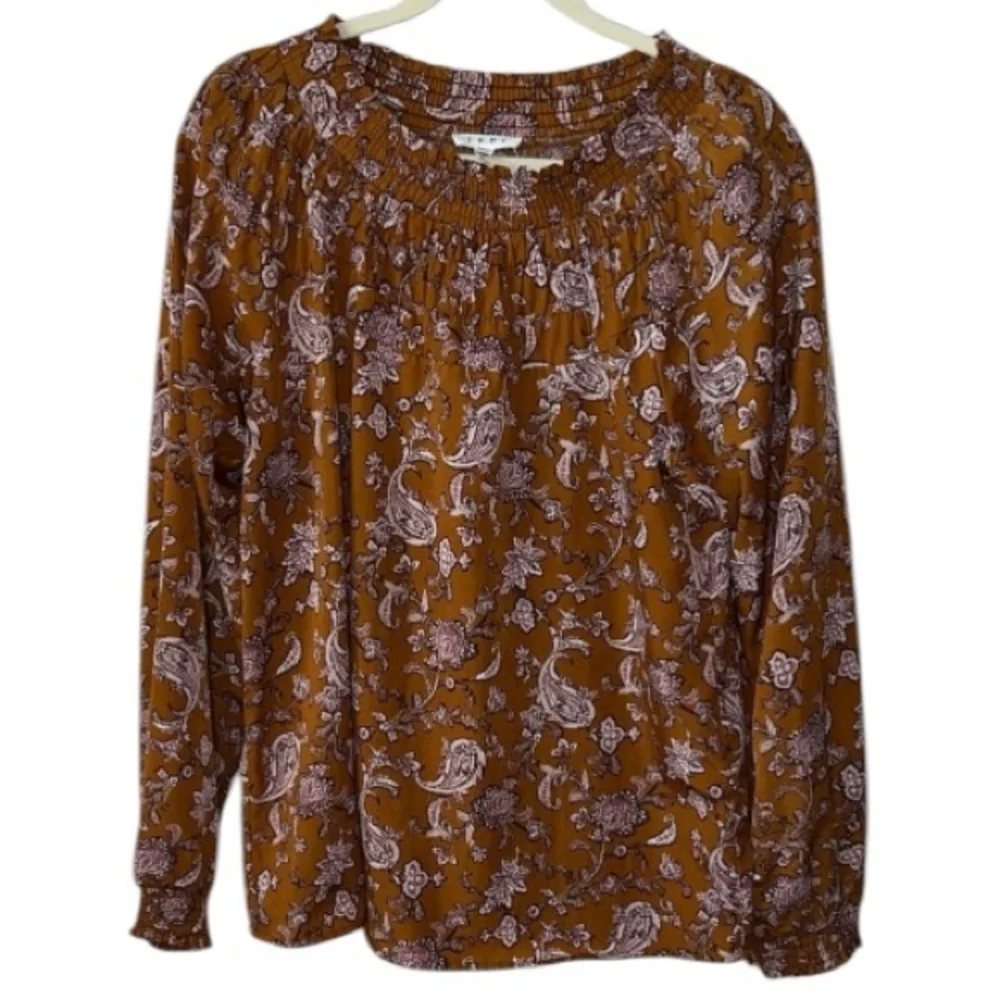 THML Paisley Floral Brown Smocked Long Sleeve Blouse Top Size M